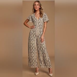 Lulus Sage The Label It Girl Tan Multi Snake Print Wide-Leg Jumpsuit, VGUC, Sz M